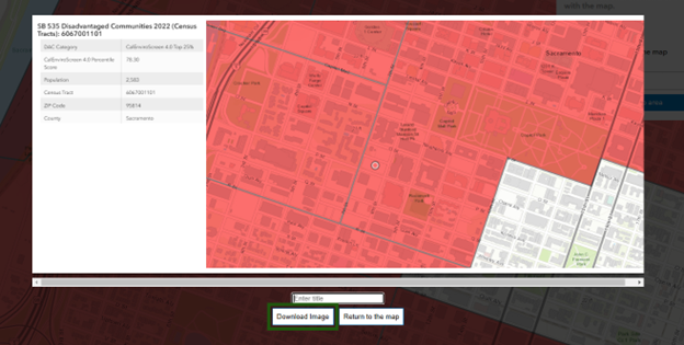 creenshot of a CAL EPA's tool showing a map with but a small portion shaded red indicating that the red zone is classified as a disadvantaged community. On the left, census data for this particular census tract shows. 